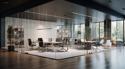 Office space with a glass wall partition.