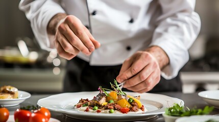 A chef carefully adding finishing touches to a plate of food in a restaurant kitchen.