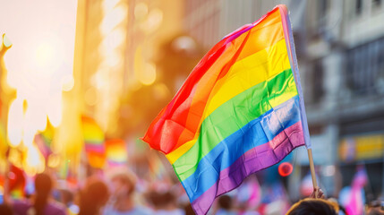 Waving gay flag and crowd of people on background. Concept of LGBT rights and parade Stock Photo photography