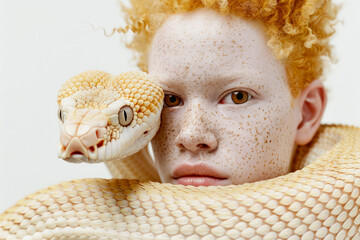 Charismatic albino girl with red hair and a snake