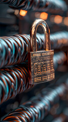 Secure Network Communication: Padlocked Network Cable Symbolizing Data Security Measures