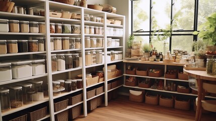 Organized food pantry closet in cozy cottage style home.