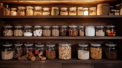 Organized food pantry closet in cozy cottage style home with jars.