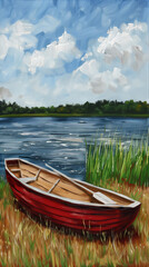 Obraz premium Red boat on shore with blue sky and white clouds