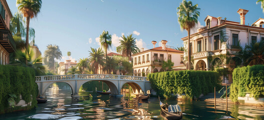 An Italian-style canal with gondolas and palm trees, the canals run through an elegant mansion in all white. There is a bridge over it and a row of green hedges on each side. Sunny day, in the style o