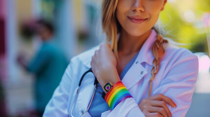 Woman doctor with lgbt bracelet on her hand. Gay nurse or doctor and transgender medical support. Stock Photo photography