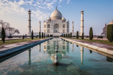 Naklejka premium The serene Taj Mahal reflected in its pool, Architecture of ancient monument, Ai generated