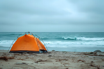orange tent was set up on the sandy beach, with waves rolling in the background copy space for text