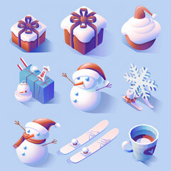 Cute Isometric Winter Holiday Icon Collection