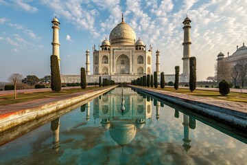 Naklejka premium The serene Taj Mahal reflected in its pool, Architecture of ancient monument, Ai generated