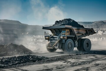 A massive coal mining truck loaded with coal driving through an expansive open-pit mine under a clear blue sky.