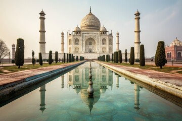 The serene Taj Mahal reflected in its pool, Architecture of ancient monument, Ai generated