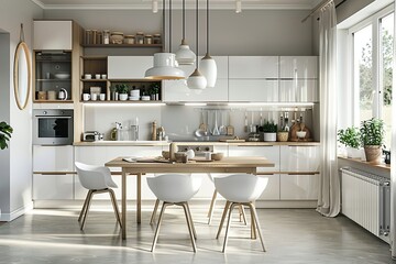 A modern Scandinavian kitchen with clean lines and functional design. Show a combination of open shelving and smooth, white cabinetry. 