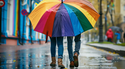 Woman gay couple walking on the street under rainbow colored umbrella and holding their hands. Umbrella like symbol of LGBTQ community. Discrimination in Russia concept. High quality photo Stock Photo