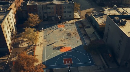 Overhead View of Weathered Basketball Court Amidst Urban Buildings.