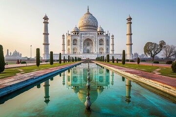 Fototapeta premium The serene Taj Mahal reflected in its pool, Architecture of ancient monument, Ai generated