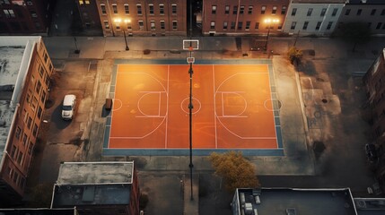 Overhead View of Weathered Basketball Court Amidst Urban Buildings.