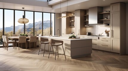 3D rendered modern kitchen design featuring elegant herringbone flooring, beige cabinets, and abundant daylight from expansive windows
