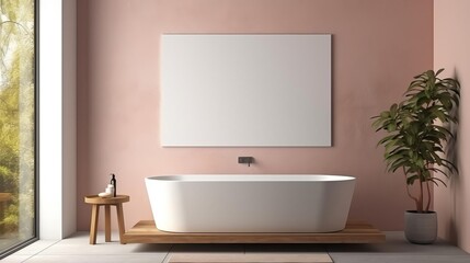 3D rendering of a modern bathroom interior with terrazzo flooring, a framed blank poster on a pink wall, and bathed in natural light