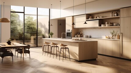 A 3D render of a modern kitchen with herringbone floors, beige cabinets, and natural light pouring in from oversized windows