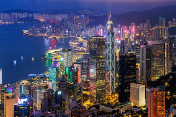 Hong Kong skyline cityscape with skyscrapers in downtown central district at night in Hong Kong, China