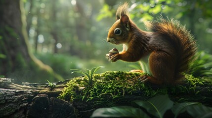 8K wallpaper of a squirrel with an acorn in its paws, perched on a mossy log in a lush, green...