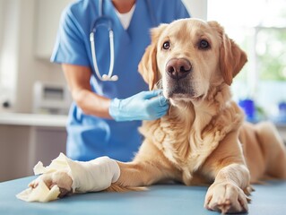 A dog is being treated by a veterinarian. The dog has a bandaged paw and is laying on a blue table