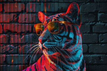 Stylish hipster tiger with sunglasses in urban glitch art