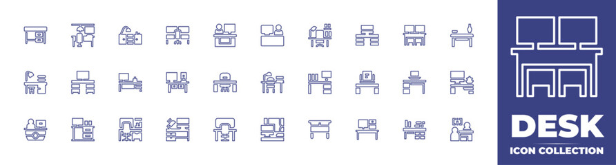 Desk line icon collection. Editable stroke. Vector illustration. Containing workplace, reception, table, information desk, desk, office desk, workspace, office.