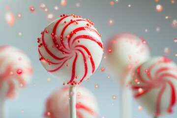 Festive Red and White Swirl Lollipops with Glittering Background