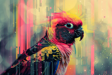 Colorful digital art parrot with abstract glitch effect