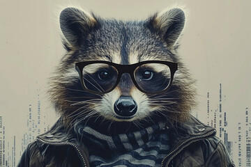 Stylish raccoon with glasses and jacket against glitch backdrop
