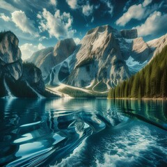 Une vue époustouflante d'un lac de montagne, où les falaises escarpées se dressent au-dessus de la surface calme de l'eau, reflétant le ciel bleu parsemé de nuages blancs