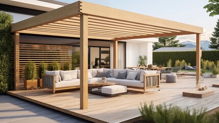 Photo of a modern outdoor patio with wooden pergola and comfortable seating.