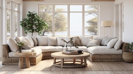 Fototapeta premium Charming modern farmhouse living room featuring a round accent coffee table near a rattan corner sofa, set against grid windows for a country boho interior design