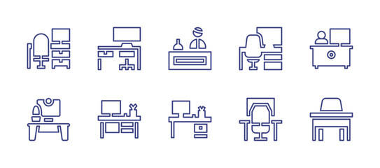 Desk line icon set. Editable stroke. Vector illustration. Containing desk, receptionist, reception, workplace, office, workspace.