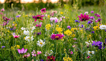 Multi-colored beautiful wildflowers bloom on a green meadow. Warm summer evening.