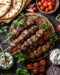 A rustic presentation of lamb kebabs on skewers, surrounded by pita bread, dips, and garnishes