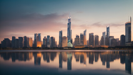 Fototapeta premium Skyscrapers with reflective surfaces capturing the surrounding skyline and clouds
