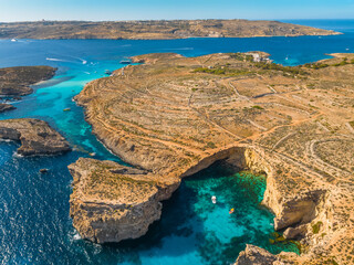 Aerial view of Crystal lagoon on Comino island. Boats. Mediterranean sea, Malta © Karina Movsesyan