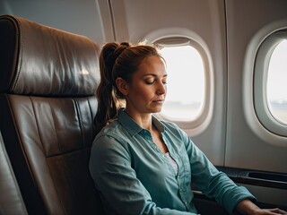 Nervous passenger in airplane using relaxation technique. Fear of flying.
