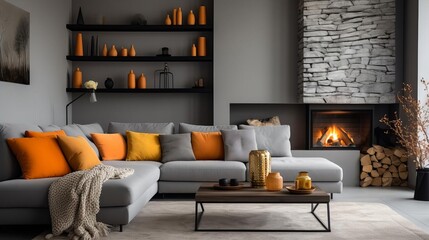 Chic and streamlined modern home living room showcasing a grey corner sofa with bold orange pillows, complemented by a contemporary fireplace setting