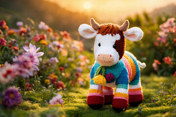 Handmade small bull toy. Knitted kid soft toy made yarn standing in sunny evening flowering garden.