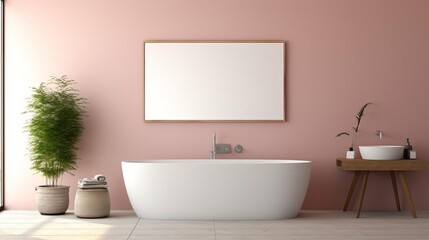 Chic modern bathroom depicted in 3D rendering, showcasing a framed blank poster on a pastel pink wall, complemented by terrazzo flooring and natural light