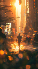 Urban Hustle: Photo realistic concept of an individual finding motivation while running through city streets in the afternoon, surrounded by the bustling energy of the urban landscape.