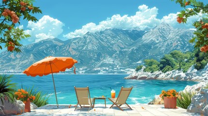 The summer landscape features a pair of deck chairs, exotic cocktails, and an umbrella against mountains and sea on the background. Colored modern illustration in modern lineart style.
