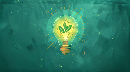 Light bulb with plant inside on abstract green background. Eco-friendly energy concept illustration for environmental conservation and sustainability design.