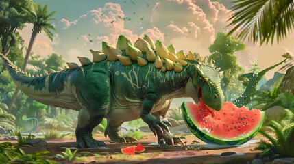Visualize a whimsical scene featuring a green Stegosaurus nibbling on a giant watermelon, set in a...