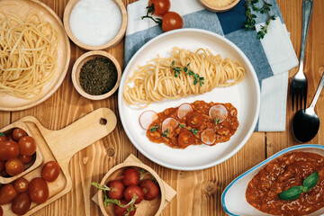 Delicious food's special menu homemade preparing station spaghetti with minced meat top tomato...