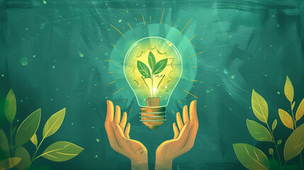 Hands holding a light bulb with growing plant inside. Conceptual illustration of sustainable energy and environmental protection for poster, banner, eco-themed design. Alternative sources renewable.